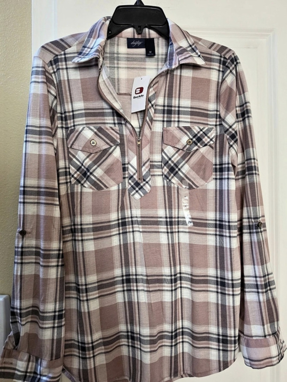 daisyfu Plaid Zip Front Shirt Pink & Gray Size Medium NWT
